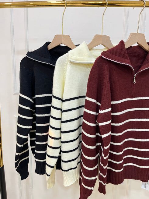 Heavy Knitted Collar Zip Stripes Pullover
